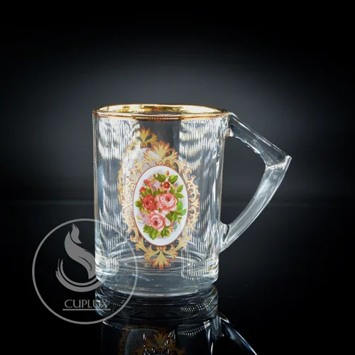 لیوان دسته دار گلدار لب طلا